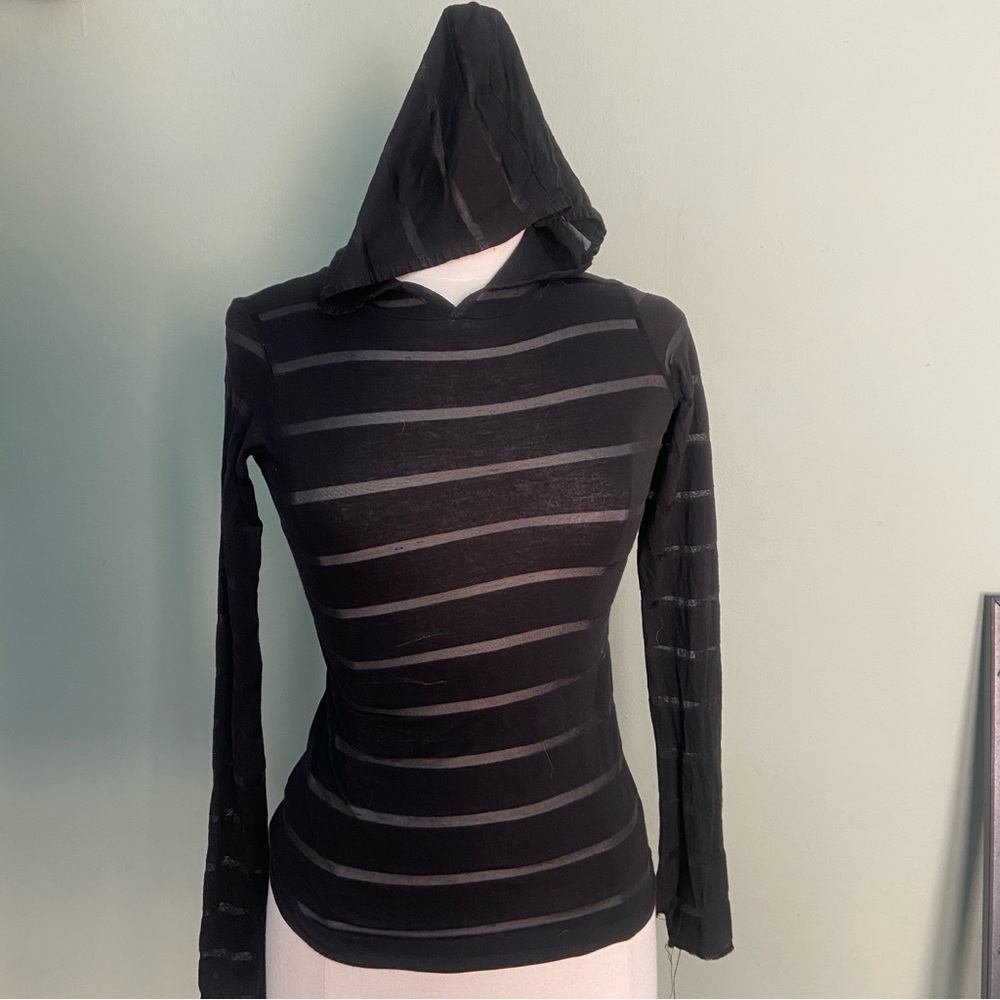 Heavy Red Couture sheer striped top with hood xs